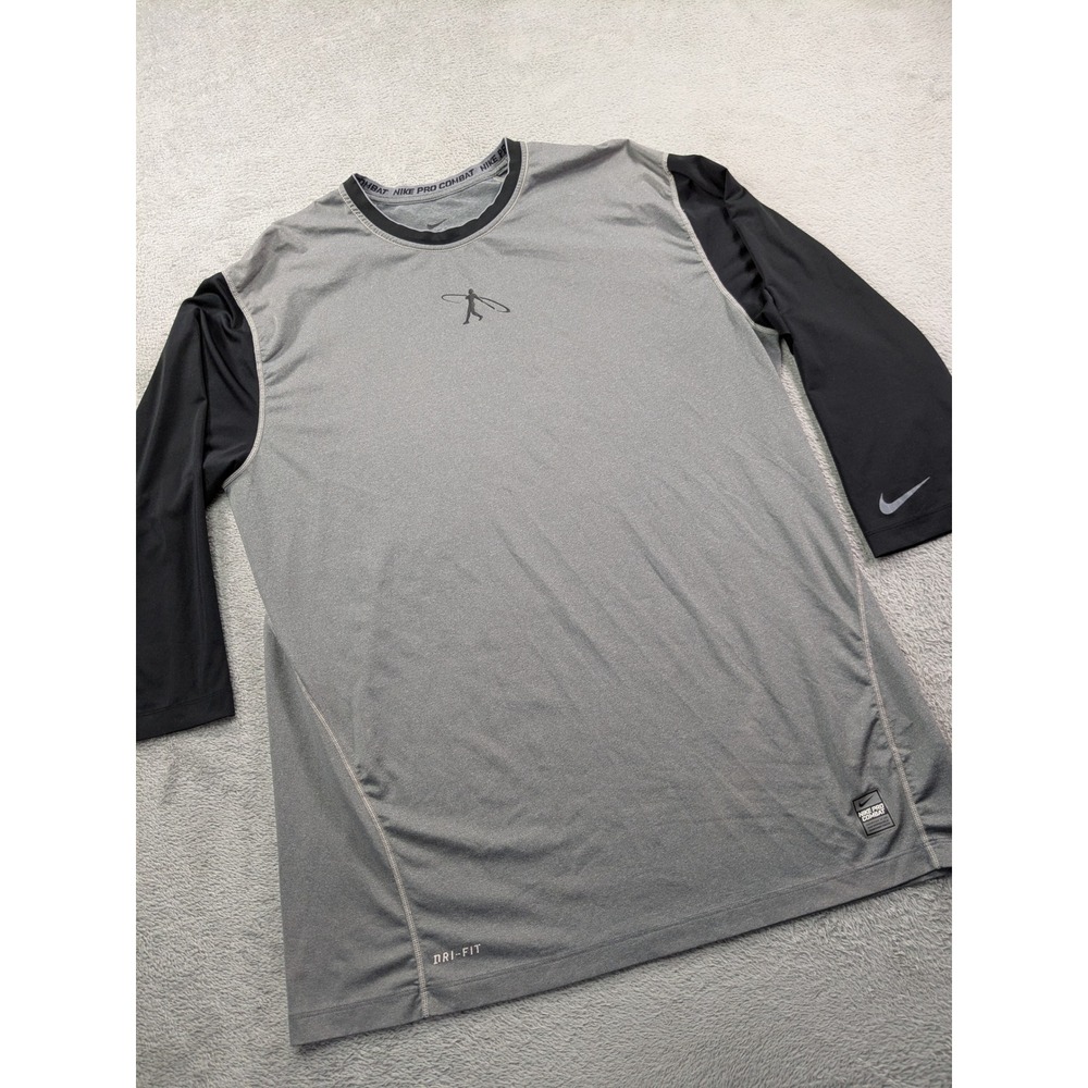 Nike Pro Combat Dri-FIT Baseball Shirt Mens XL Grey Black 3/4 Sleeve Fitted
